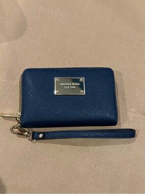 Michael Kors Navy Saffiano Zip Wristlet with Gold Plate